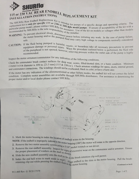 Shurflo 94-060-00 115V Or 230V Endbell Replacement Kit TRANSFORMER / SWITCHES / REBUILD KITS Shurflo By Pentair 