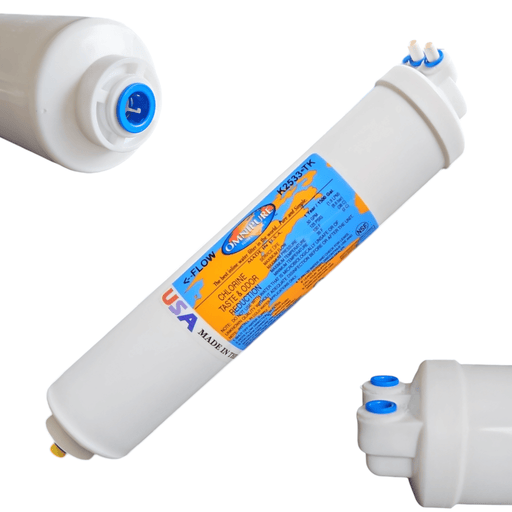 Omnipure K2533-TK Inline GAC 10" x 2" Postfilter 1/4" Elbow Tee & 3/8"QC GAC| Chlorine Removal 1/4"Elbow QC Omnipure 1 Pack 