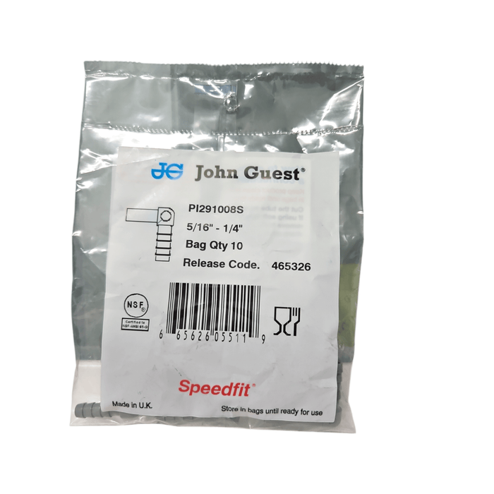 John Guest PI291008S Stem Elbow Barb Connector - 5/16" OD Stem x 1/4" ID Barb STEM TO HOSE BARB ELBOW Gray Acetal JOHN GUEST 10 pack 