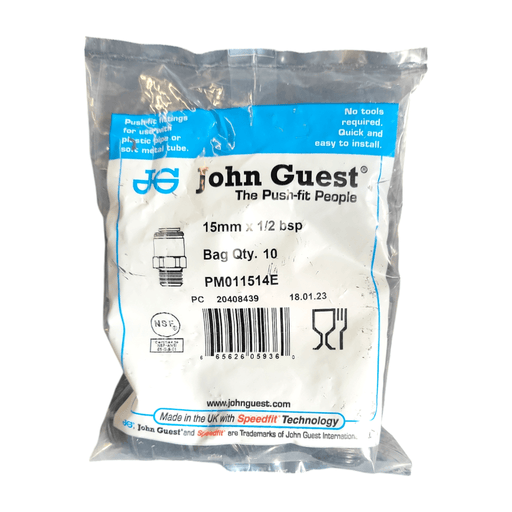 John Guest PM011514E Male Connector Black Plastic Size 15 MM Quick X 1/2" Bsp Metric Male Connector Black Acetal JOHN GUEST 10 Pack 