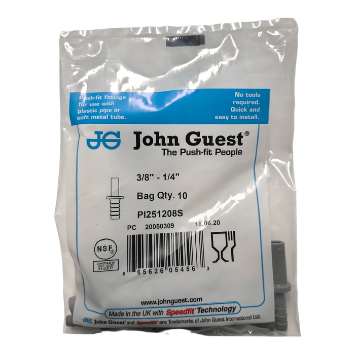 John Guest PI251208S Stem Barb Connector - 3/8 OD Stem x 1/4 ID Barb STEM TO HOUSE BARB Grey Acetal JOHN GUEST 10 pack 