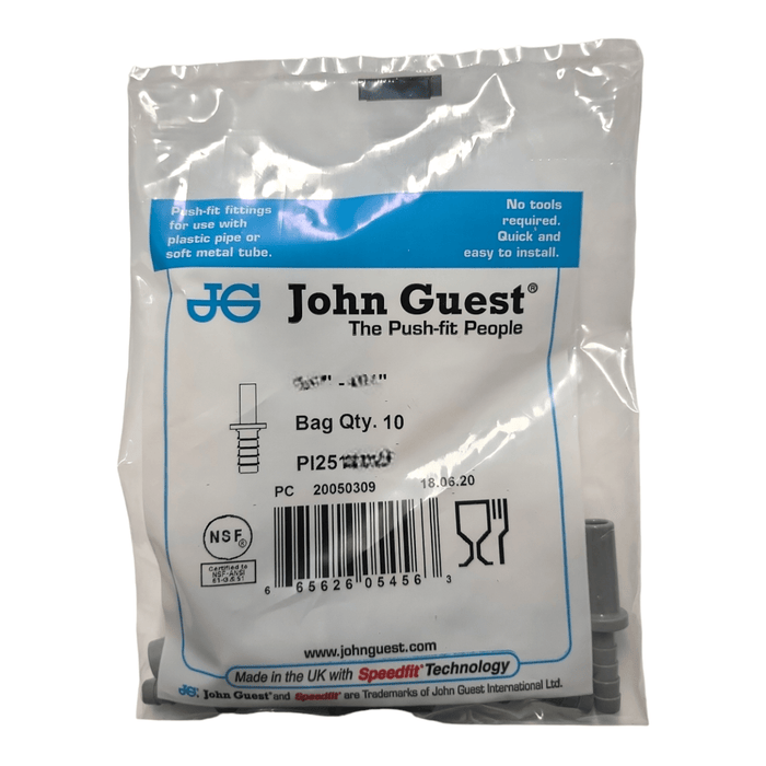 John Guest PI251616S Stem Barb Connector - 1/2" OD Stem x 1/2" ID Barb STEM TO HOUSE BARB Grey Acetal JOHN GUEST 10 Pack 