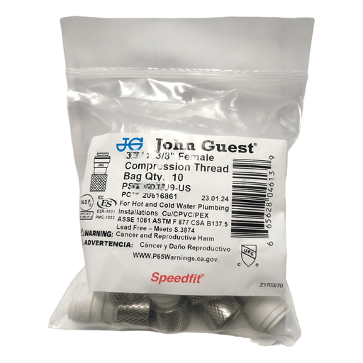 John Guest PSEI6012U9 Female Compression Connector - 3/8 x 3/8 UNEF Female Adapter NPTF John Guest 10 Pack 